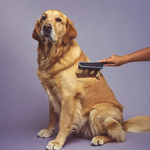 A golden retriever being brushed with a de-shedding tool
