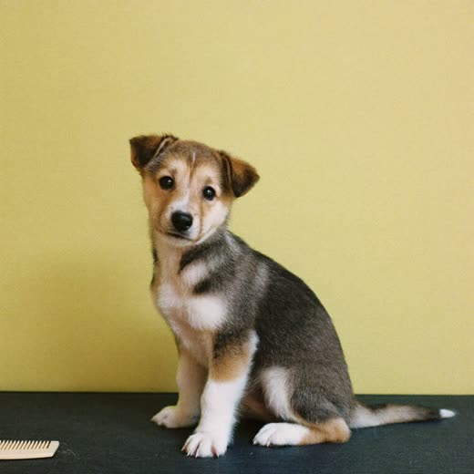A young puppy sitting on a grooming table